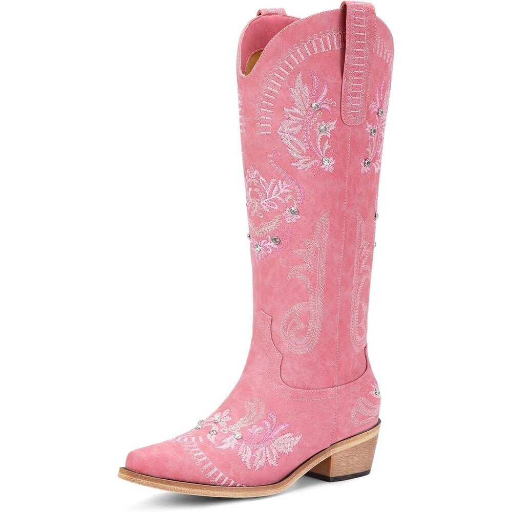 Women Polyurethane Pink Rhinestone Embroidered Chunky Heel Knee High Tall Boots